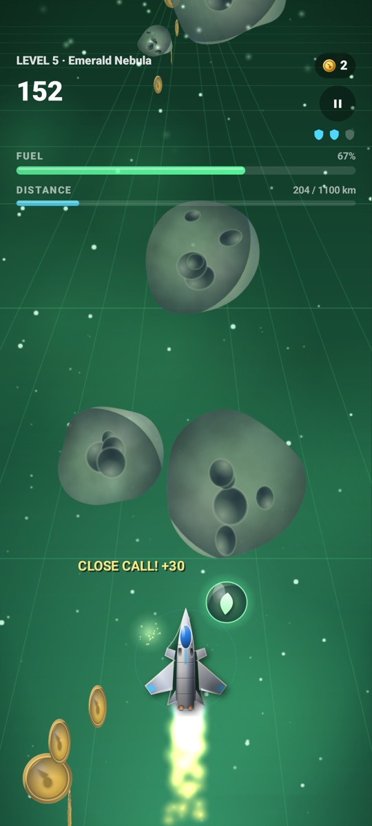 Starlane gameplay: a jet dodging cratered asteroids in the Emerald Nebula